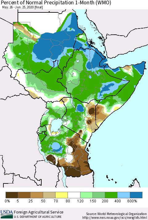 Eastern Africa Percent of Normal Precipitation 1-Month (WMO) Thematic Map For 5/26/2020 - 6/25/2020
