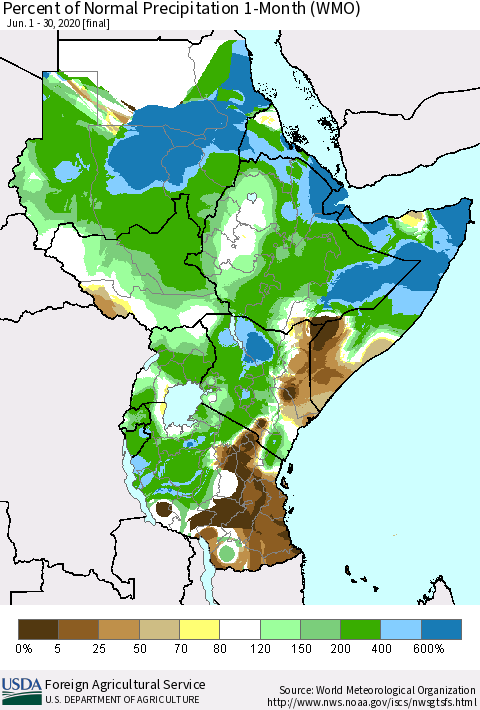 Eastern Africa Percent of Normal Precipitation 1-Month (WMO) Thematic Map For 6/1/2020 - 6/30/2020