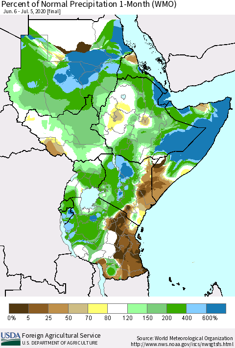 Eastern Africa Percent of Normal Precipitation 1-Month (WMO) Thematic Map For 6/6/2020 - 7/5/2020