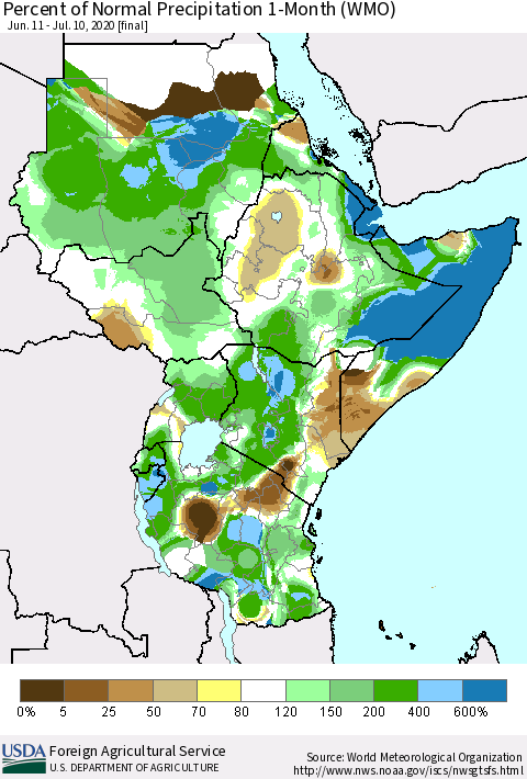 Eastern Africa Percent of Normal Precipitation 1-Month (WMO) Thematic Map For 6/11/2020 - 7/10/2020