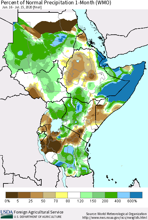 Eastern Africa Percent of Normal Precipitation 1-Month (WMO) Thematic Map For 6/16/2020 - 7/15/2020