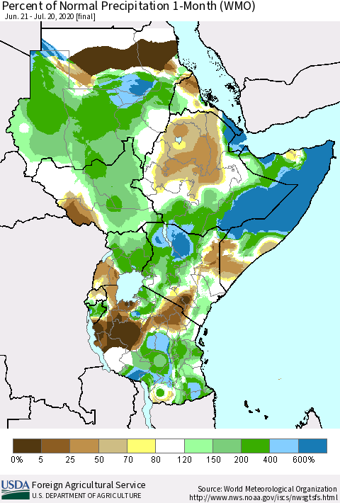 Eastern Africa Percent of Normal Precipitation 1-Month (WMO) Thematic Map For 6/21/2020 - 7/20/2020