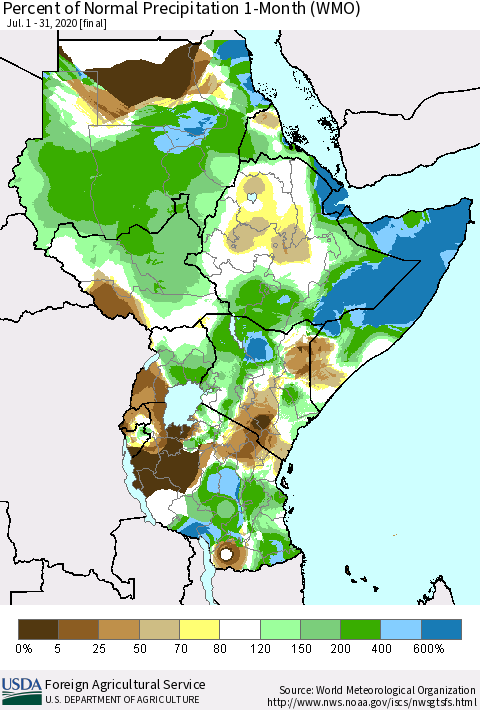 Eastern Africa Percent of Normal Precipitation 1-Month (WMO) Thematic Map For 7/1/2020 - 7/31/2020