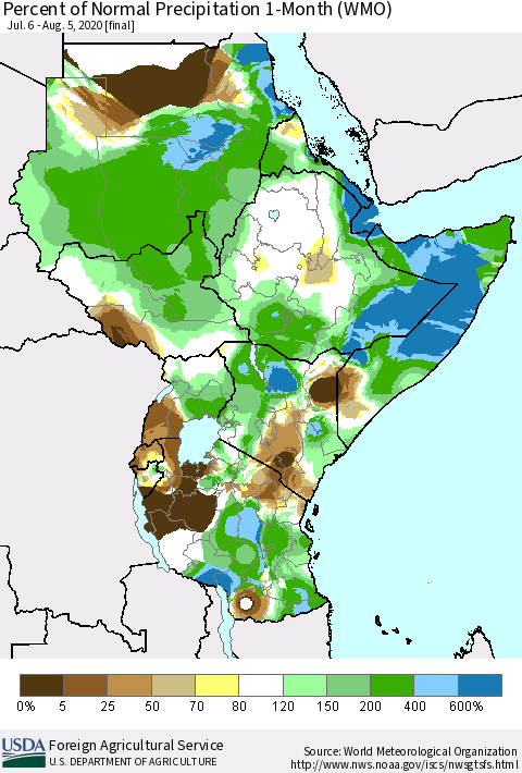 Eastern Africa Percent of Normal Precipitation 1-Month (WMO) Thematic Map For 7/6/2020 - 8/5/2020