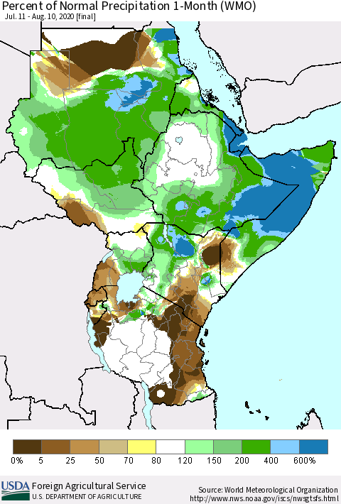 Eastern Africa Percent of Normal Precipitation 1-Month (WMO) Thematic Map For 7/11/2020 - 8/10/2020