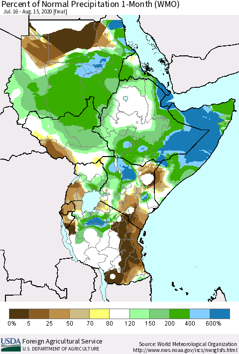 Eastern Africa Percent of Normal Precipitation 1-Month (WMO) Thematic Map For 7/16/2020 - 8/15/2020