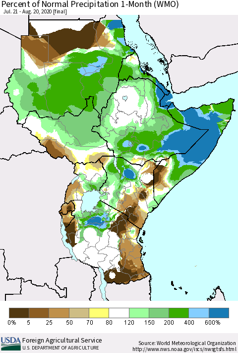 Eastern Africa Percent of Normal Precipitation 1-Month (WMO) Thematic Map For 7/21/2020 - 8/20/2020