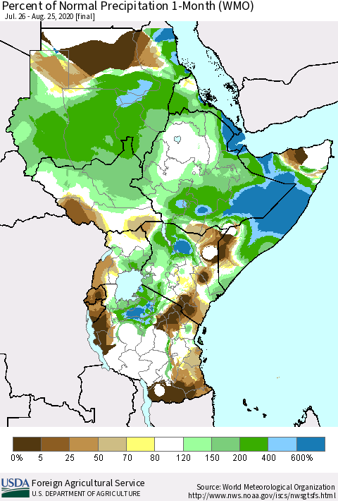 Eastern Africa Percent of Normal Precipitation 1-Month (WMO) Thematic Map For 7/26/2020 - 8/25/2020