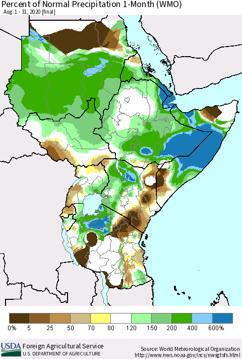 Eastern Africa Percent of Normal Precipitation 1-Month (WMO) Thematic Map For 8/1/2020 - 8/31/2020