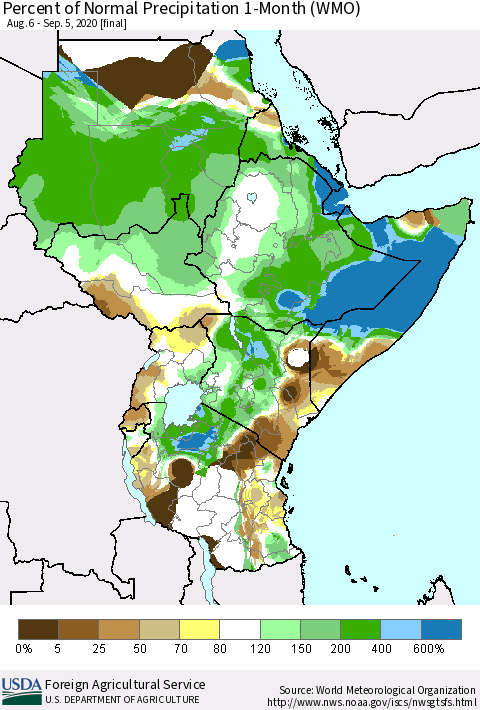 Eastern Africa Percent of Normal Precipitation 1-Month (WMO) Thematic Map For 8/6/2020 - 9/5/2020