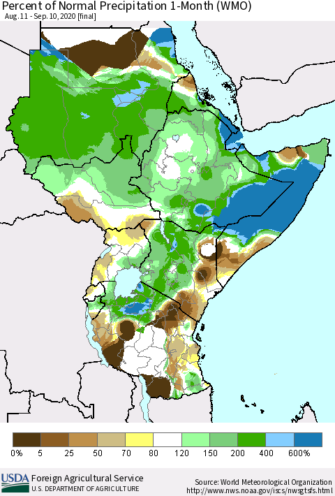 Eastern Africa Percent of Normal Precipitation 1-Month (WMO) Thematic Map For 8/11/2020 - 9/10/2020