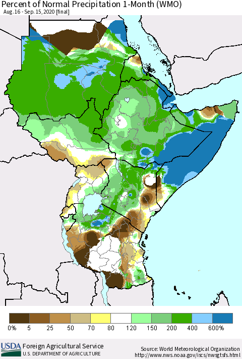 Eastern Africa Percent of Normal Precipitation 1-Month (WMO) Thematic Map For 8/16/2020 - 9/15/2020