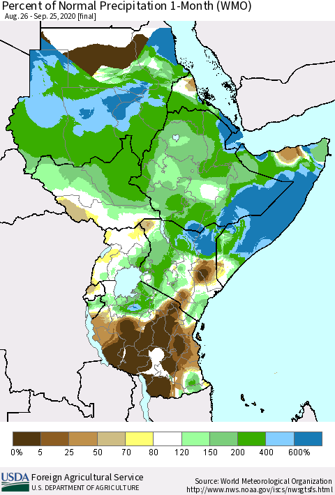 Eastern Africa Percent of Normal Precipitation 1-Month (WMO) Thematic Map For 8/26/2020 - 9/25/2020