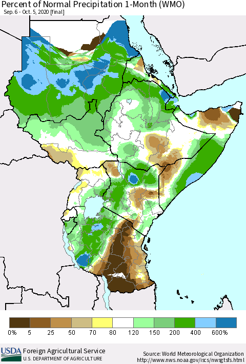 Eastern Africa Percent of Normal Precipitation 1-Month (WMO) Thematic Map For 9/6/2020 - 10/5/2020
