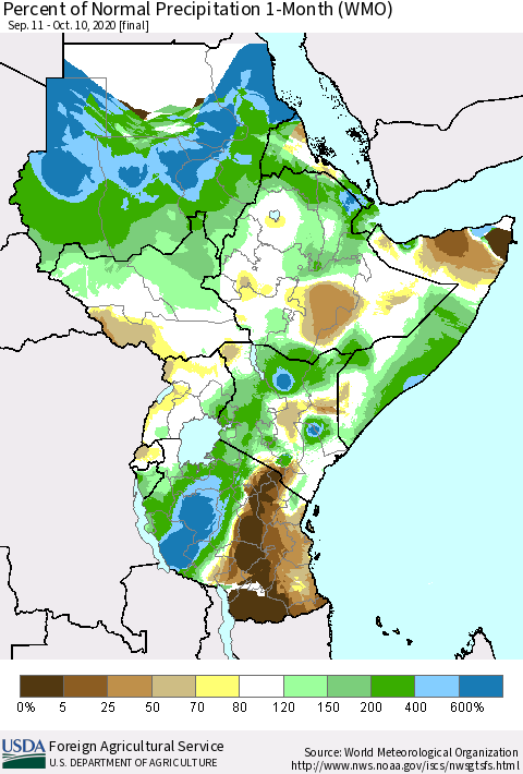 Eastern Africa Percent of Normal Precipitation 1-Month (WMO) Thematic Map For 9/11/2020 - 10/10/2020
