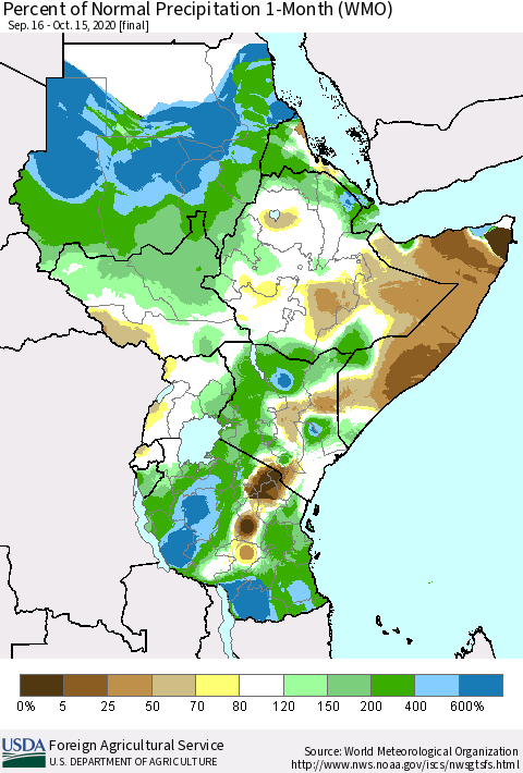 Eastern Africa Percent of Normal Precipitation 1-Month (WMO) Thematic Map For 9/16/2020 - 10/15/2020