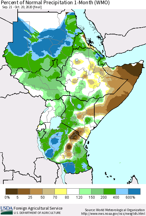 Eastern Africa Percent of Normal Precipitation 1-Month (WMO) Thematic Map For 9/21/2020 - 10/20/2020