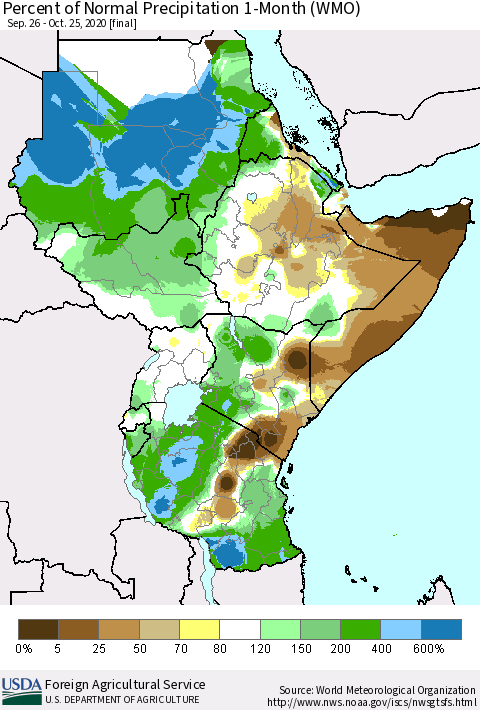 Eastern Africa Percent of Normal Precipitation 1-Month (WMO) Thematic Map For 9/26/2020 - 10/25/2020