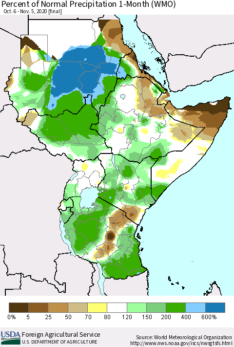 Eastern Africa Percent of Normal Precipitation 1-Month (WMO) Thematic Map For 10/6/2020 - 11/5/2020