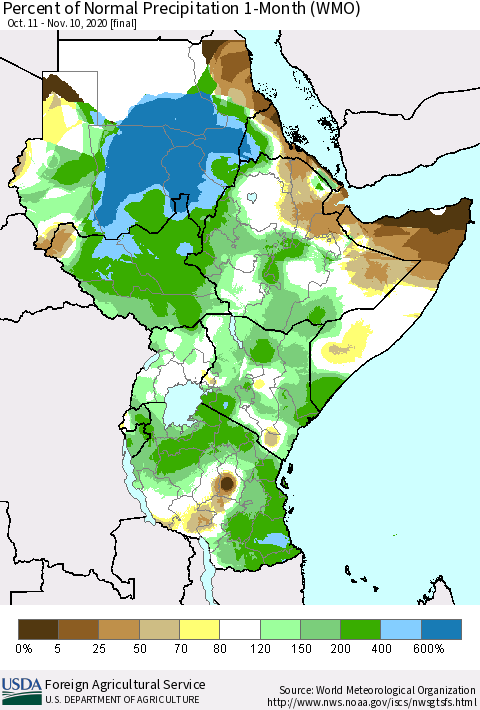 Eastern Africa Percent of Normal Precipitation 1-Month (WMO) Thematic Map For 10/11/2020 - 11/10/2020