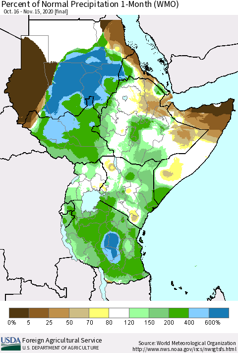 Eastern Africa Percent of Normal Precipitation 1-Month (WMO) Thematic Map For 10/16/2020 - 11/15/2020