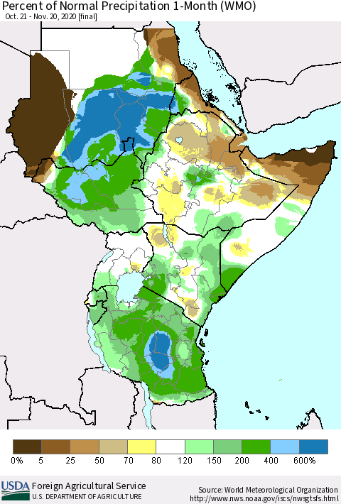 Eastern Africa Percent of Normal Precipitation 1-Month (WMO) Thematic Map For 10/21/2020 - 11/20/2020