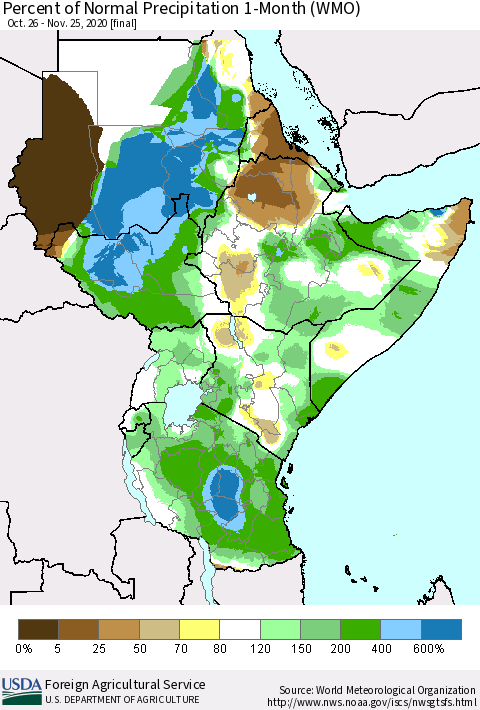 Eastern Africa Percent of Normal Precipitation 1-Month (WMO) Thematic Map For 10/26/2020 - 11/25/2020