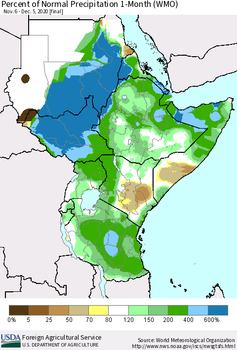 Eastern Africa Percent of Normal Precipitation 1-Month (WMO) Thematic Map For 11/6/2020 - 12/5/2020