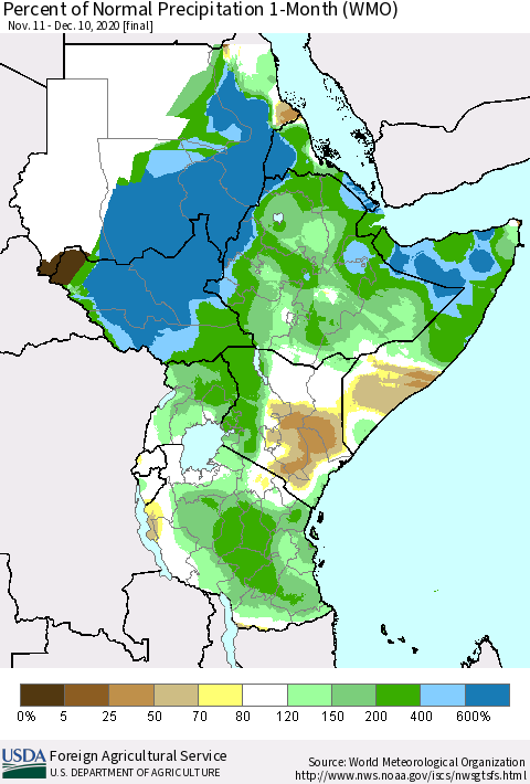 Eastern Africa Percent of Normal Precipitation 1-Month (WMO) Thematic Map For 11/11/2020 - 12/10/2020