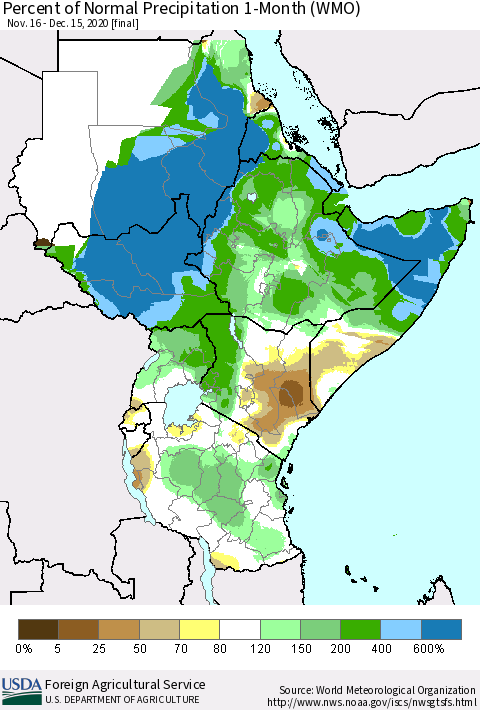 Eastern Africa Percent of Normal Precipitation 1-Month (WMO) Thematic Map For 11/16/2020 - 12/15/2020