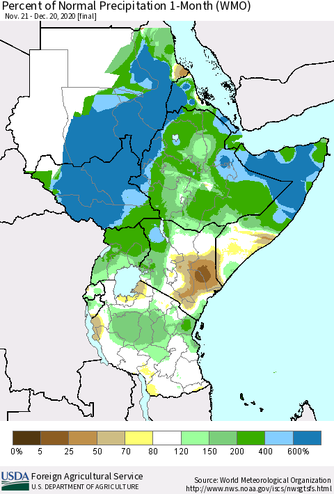 Eastern Africa Percent of Normal Precipitation 1-Month (WMO) Thematic Map For 11/21/2020 - 12/20/2020
