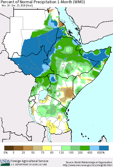 Eastern Africa Percent of Normal Precipitation 1-Month (WMO) Thematic Map For 11/26/2020 - 12/25/2020