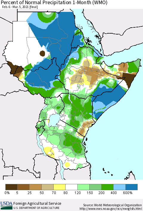 Eastern Africa Percent of Normal Precipitation 1-Month (WMO) Thematic Map For 2/6/2021 - 3/5/2021