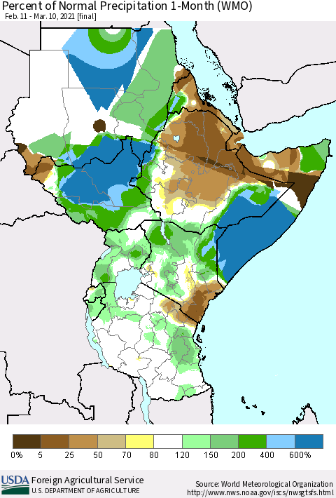 Eastern Africa Percent of Normal Precipitation 1-Month (WMO) Thematic Map For 2/11/2021 - 3/10/2021