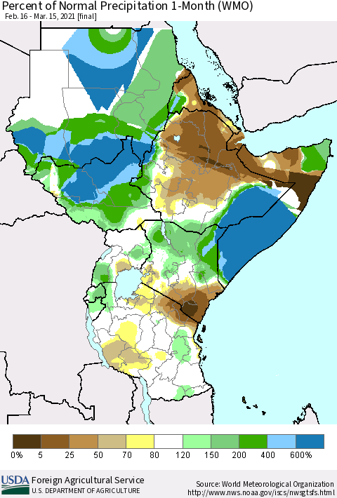 Eastern Africa Percent of Normal Precipitation 1-Month (WMO) Thematic Map For 2/16/2021 - 3/15/2021