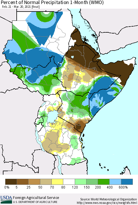Eastern Africa Percent of Normal Precipitation 1-Month (WMO) Thematic Map For 2/21/2021 - 3/20/2021