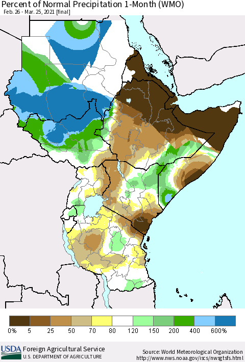 Eastern Africa Percent of Normal Precipitation 1-Month (WMO) Thematic Map For 2/26/2021 - 3/25/2021