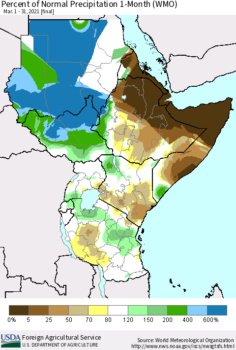 Eastern Africa Percent of Normal Precipitation 1-Month (WMO) Thematic Map For 3/1/2021 - 3/31/2021