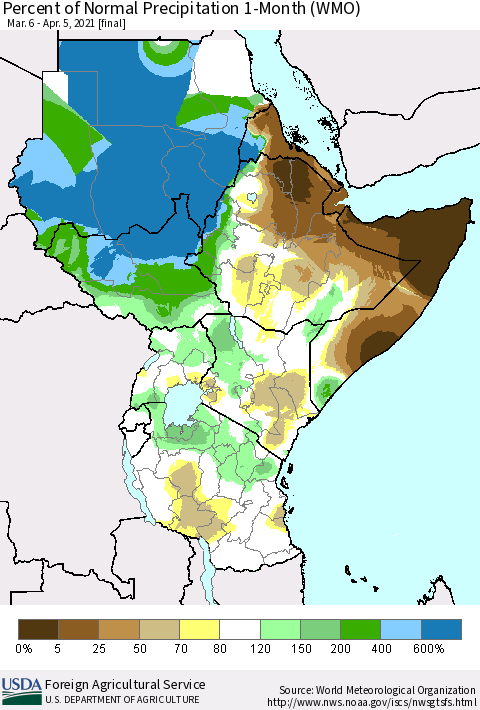 Eastern Africa Percent of Normal Precipitation 1-Month (WMO) Thematic Map For 3/6/2021 - 4/5/2021