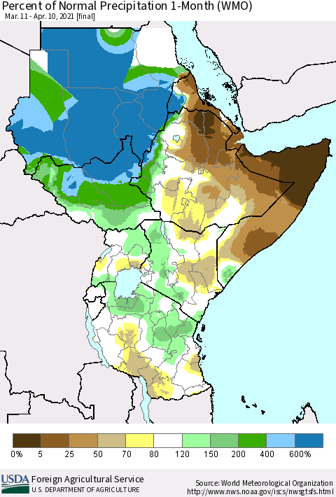 Eastern Africa Percent of Normal Precipitation 1-Month (WMO) Thematic Map For 3/11/2021 - 4/10/2021