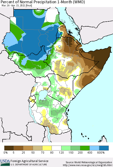 Eastern Africa Percent of Normal Precipitation 1-Month (WMO) Thematic Map For 3/16/2021 - 4/15/2021