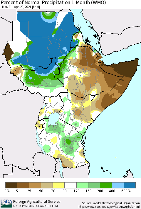 Eastern Africa Percent of Normal Precipitation 1-Month (WMO) Thematic Map For 3/21/2021 - 4/20/2021