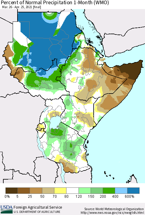 Eastern Africa Percent of Normal Precipitation 1-Month (WMO) Thematic Map For 3/26/2021 - 4/25/2021