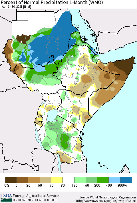 Eastern Africa Percent of Normal Precipitation 1-Month (WMO) Thematic Map For 4/1/2021 - 4/30/2021