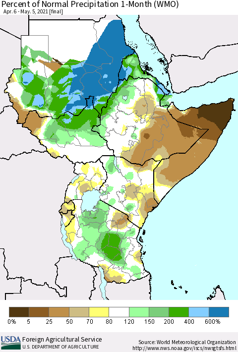 Eastern Africa Percent of Normal Precipitation 1-Month (WMO) Thematic Map For 4/6/2021 - 5/5/2021