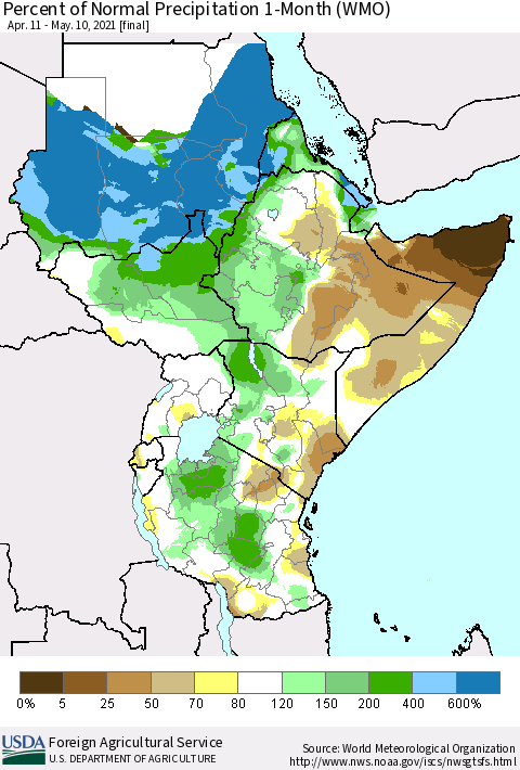 Eastern Africa Percent of Normal Precipitation 1-Month (WMO) Thematic Map For 4/11/2021 - 5/10/2021