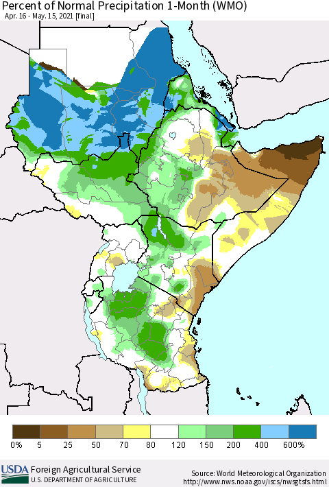 Eastern Africa Percent of Normal Precipitation 1-Month (WMO) Thematic Map For 4/16/2021 - 5/15/2021