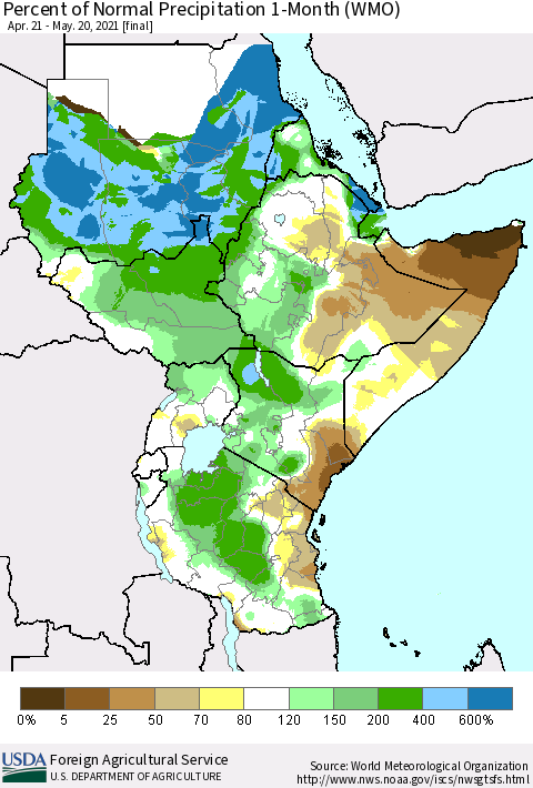 Eastern Africa Percent of Normal Precipitation 1-Month (WMO) Thematic Map For 4/21/2021 - 5/20/2021