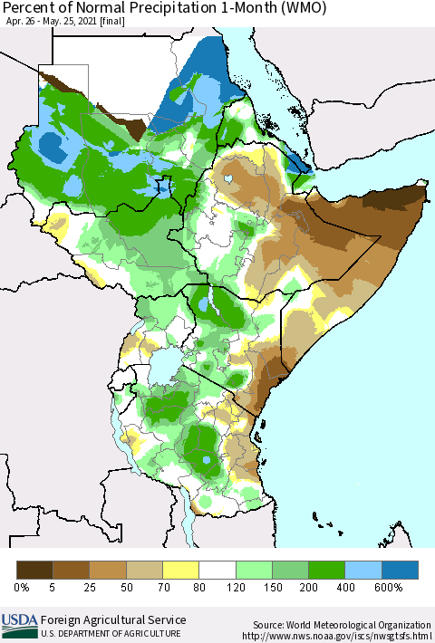Eastern Africa Percent of Normal Precipitation 1-Month (WMO) Thematic Map For 4/26/2021 - 5/25/2021
