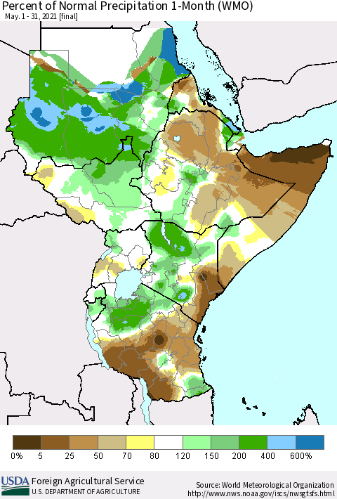 Eastern Africa Percent of Normal Precipitation 1-Month (WMO) Thematic Map For 5/1/2021 - 5/31/2021